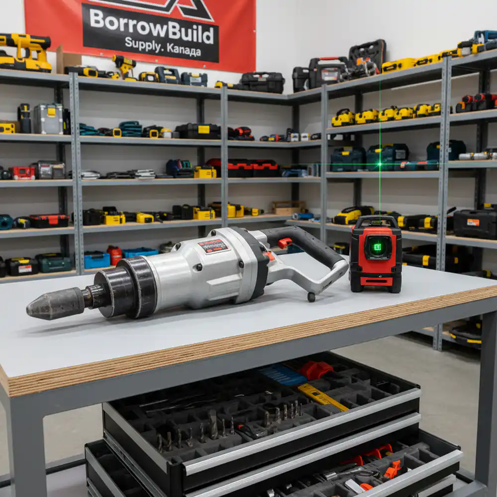 New rotary hammers and vacuums on a shop workbench